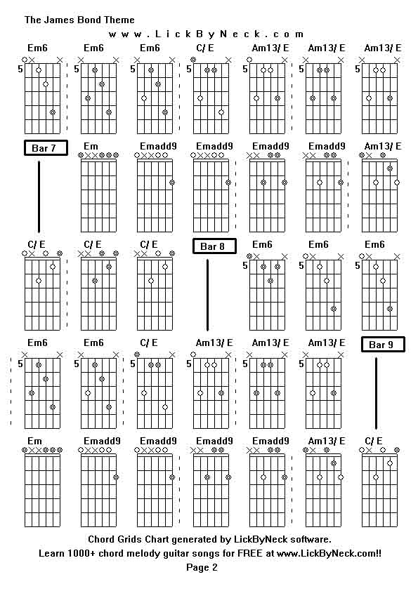 Chord Grids Chart of chord melody fingerstyle guitar song-The James Bond Theme,generated by LickByNeck software.